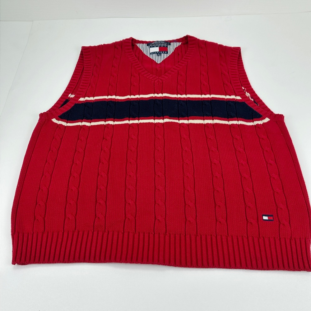Tommy Hilfiger Mens Red Cable Knit V-Neck Sweater‎ Vest Navy Stripe XL